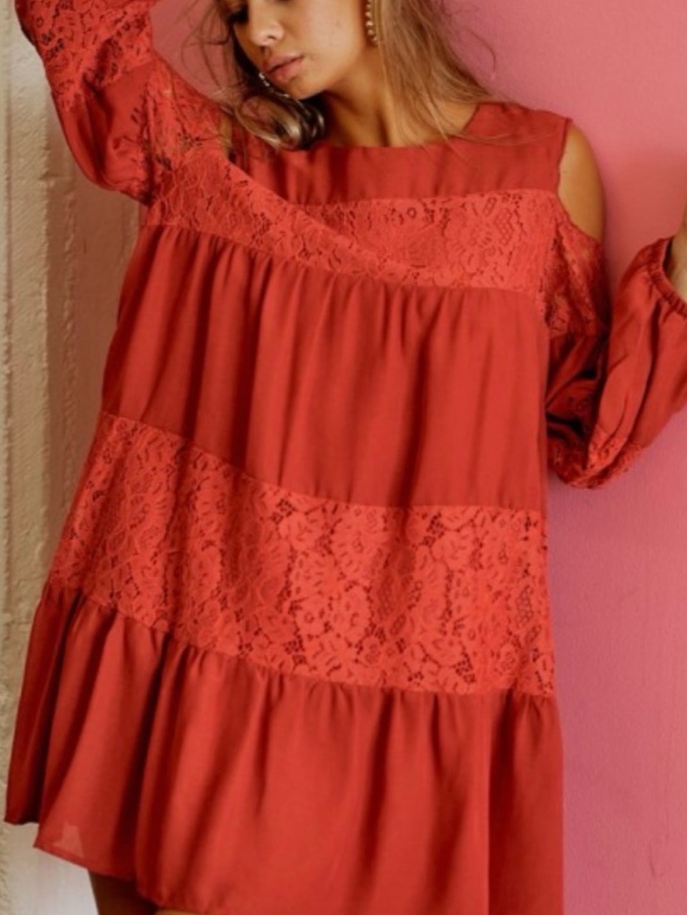 BiBi Rust Red Lace Panel Cold-Shoulder Dress